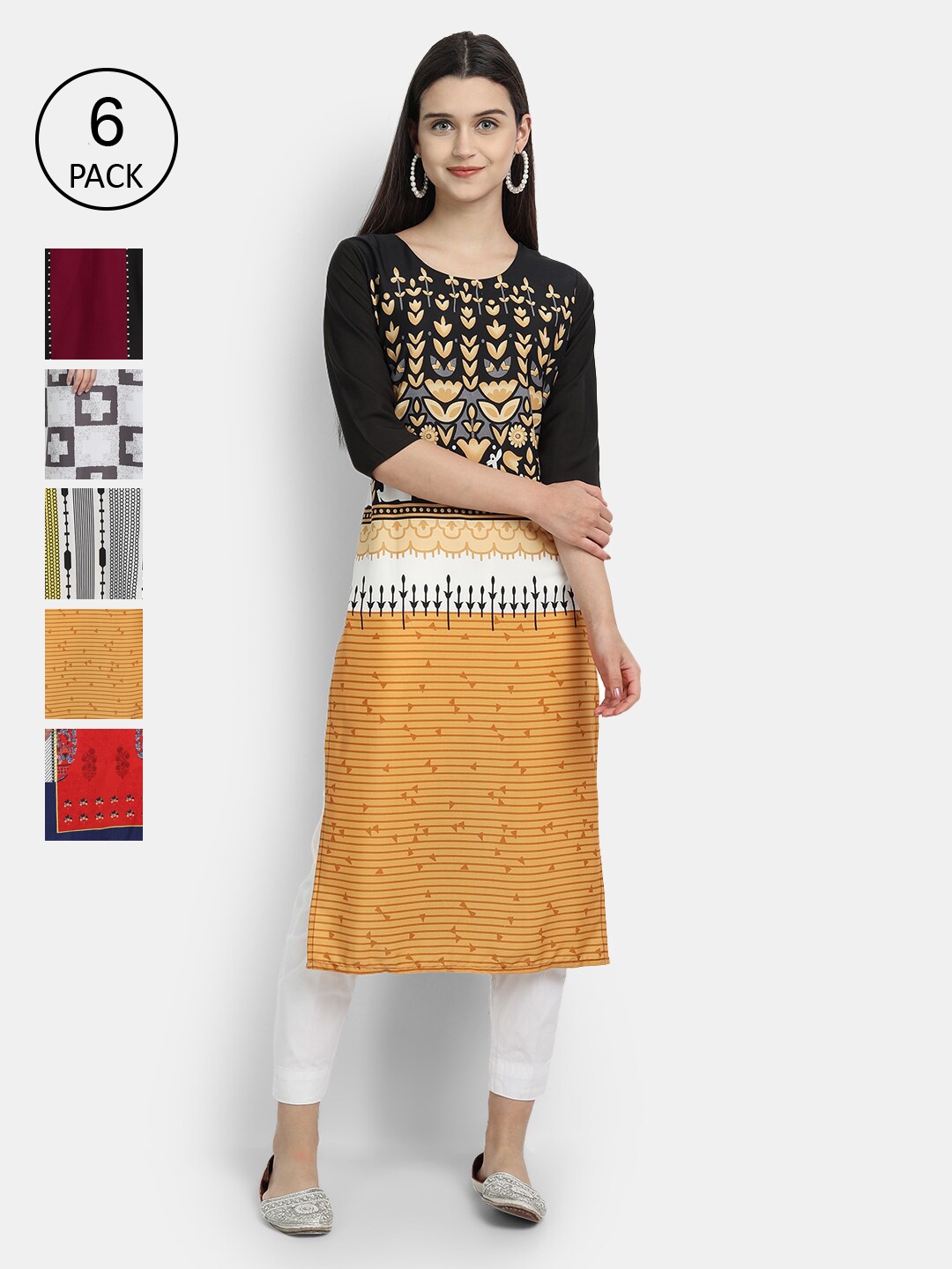 

1 Stop Fashion Women Pack Of 6 Printed Crepe Kurta, Yellow