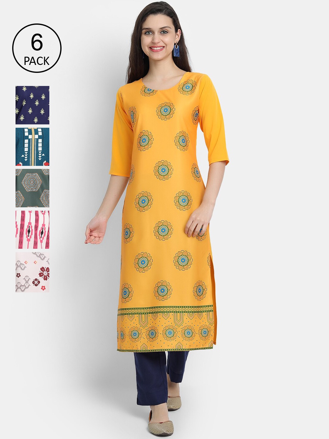 

1 Stop Fashion Women Pack of 6 Yellow & Purple Floral Printed Kurta