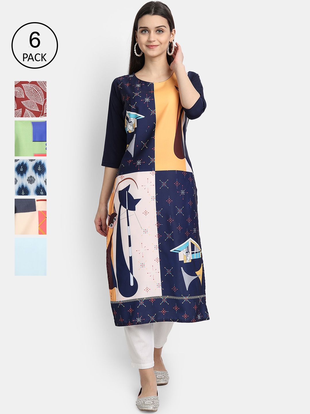 

1 Stop Fashion Woman Pack of 6 Multicoloured Colourblocked Crepe Kurta, Multi