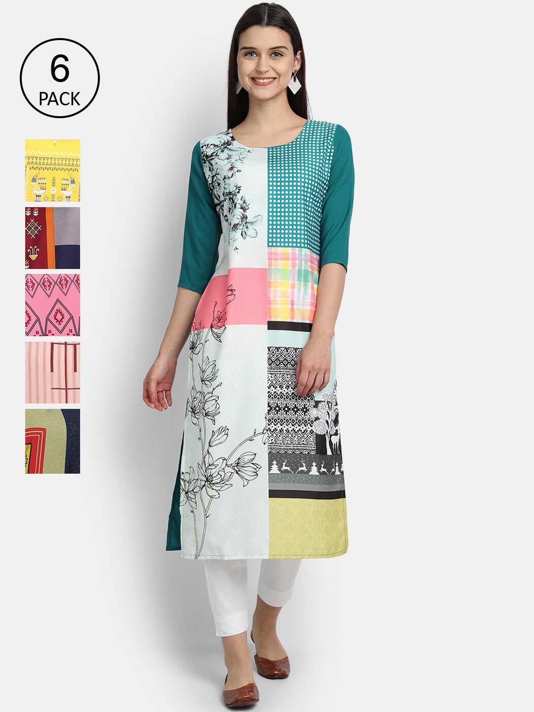 

1 Stop Fashion Woman Pack of 6 Multicoloured Ethnic Motifs Crepe Kurta, Multi