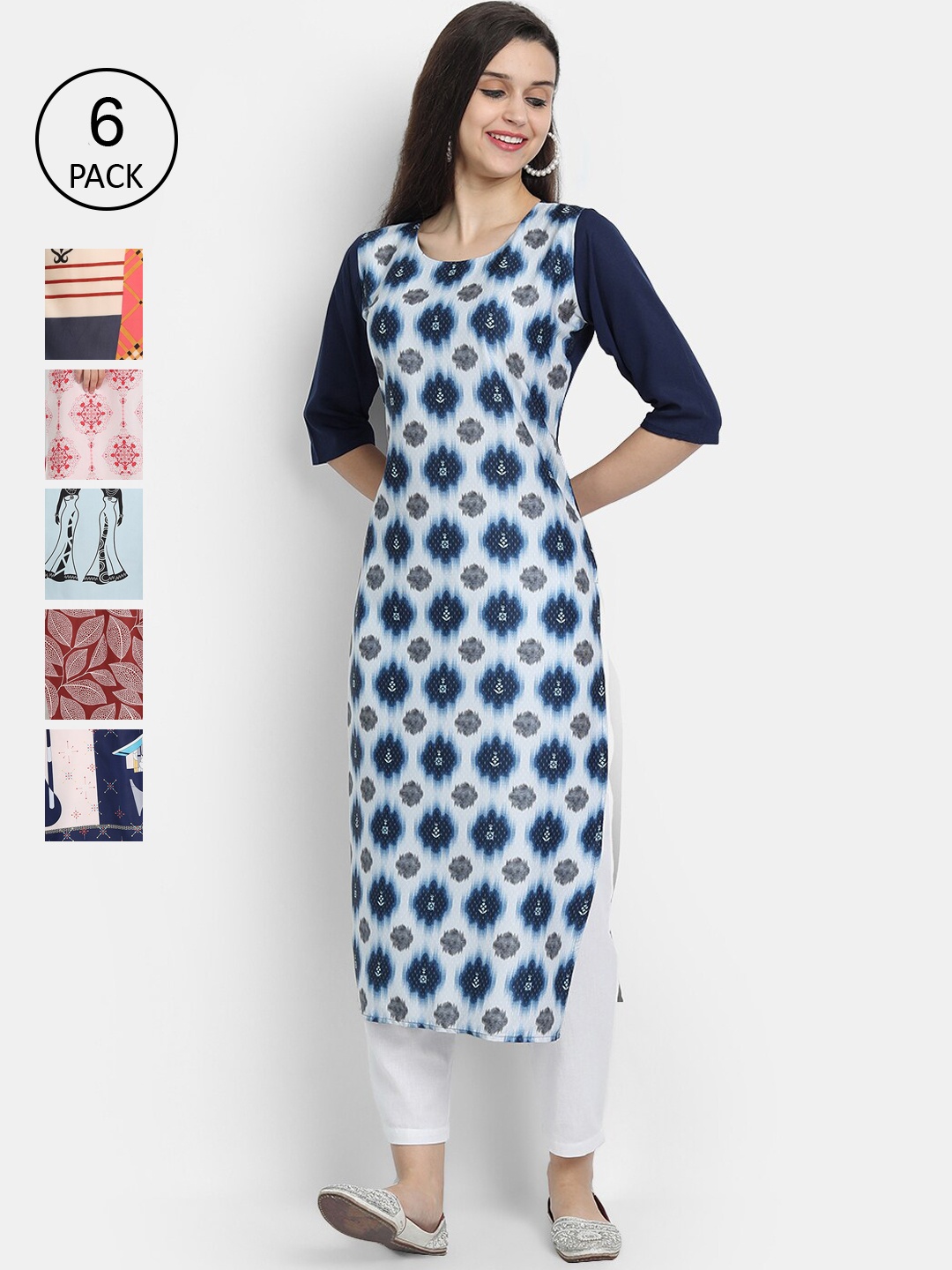 

1 Stop Fashion Pack of 6 Women Printed Crepe Kurta, Multi