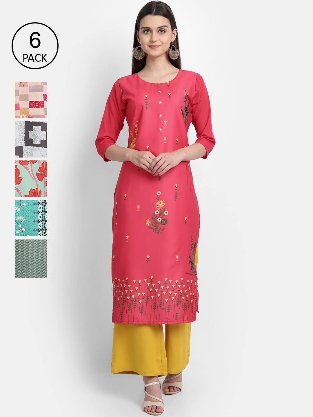 

1 Stop Fashion Women Pack Of 6 Multicoloured Digital Printed Crepe Kurta, Multi