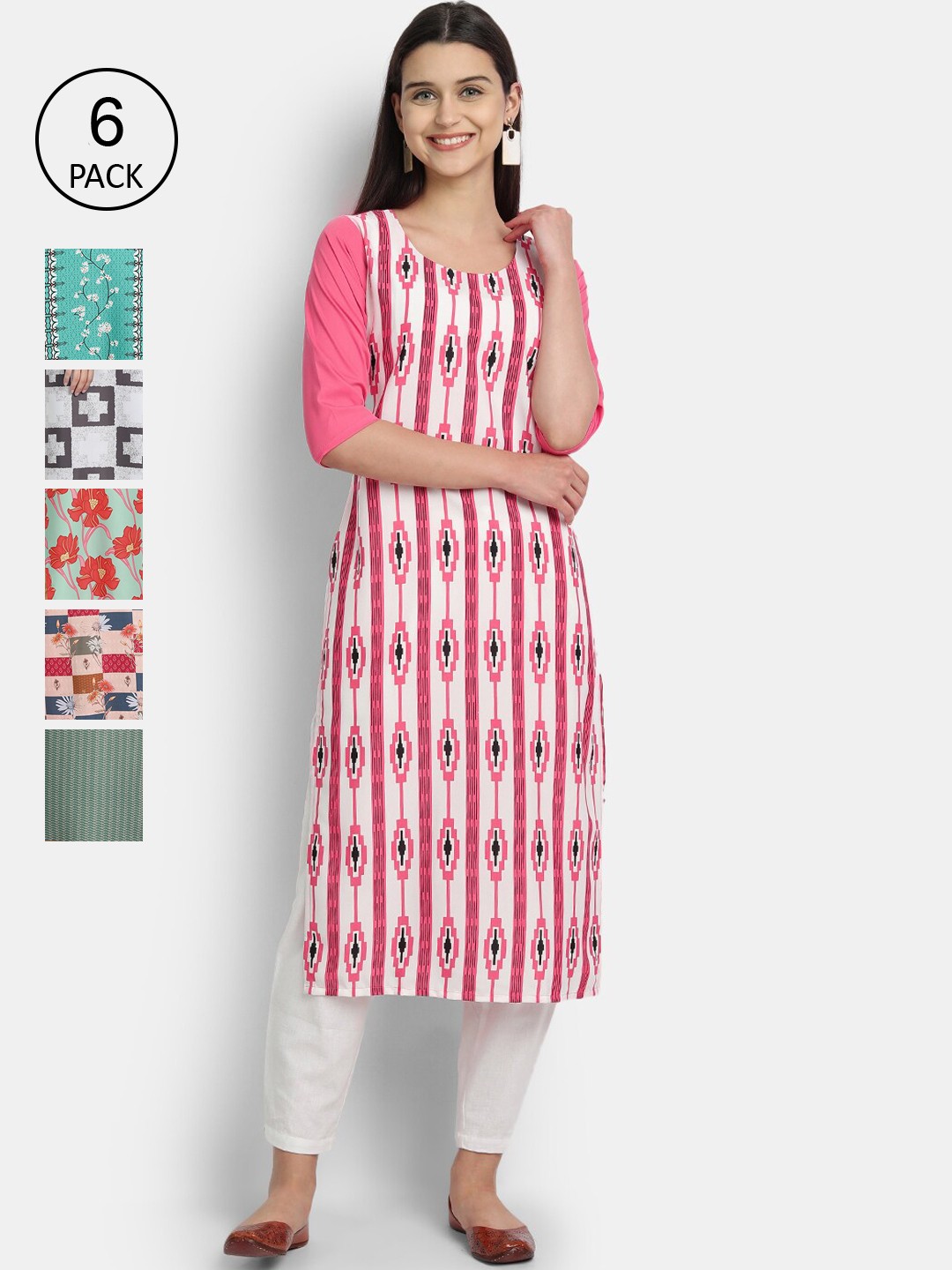 

1 Stop Fashion Women Pink & White Pack of 6 Printed Crepe Kurta
