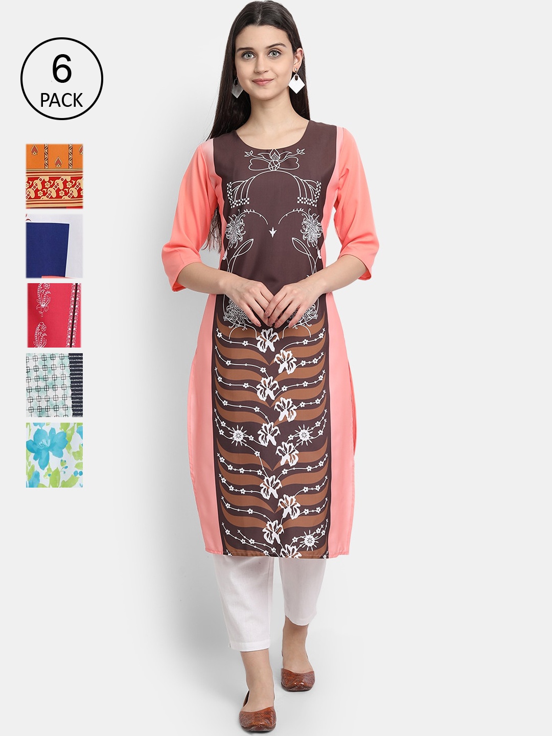 

1 Stop Fashion Women Pack of 6 Pink & Green Floral Printed Kurta