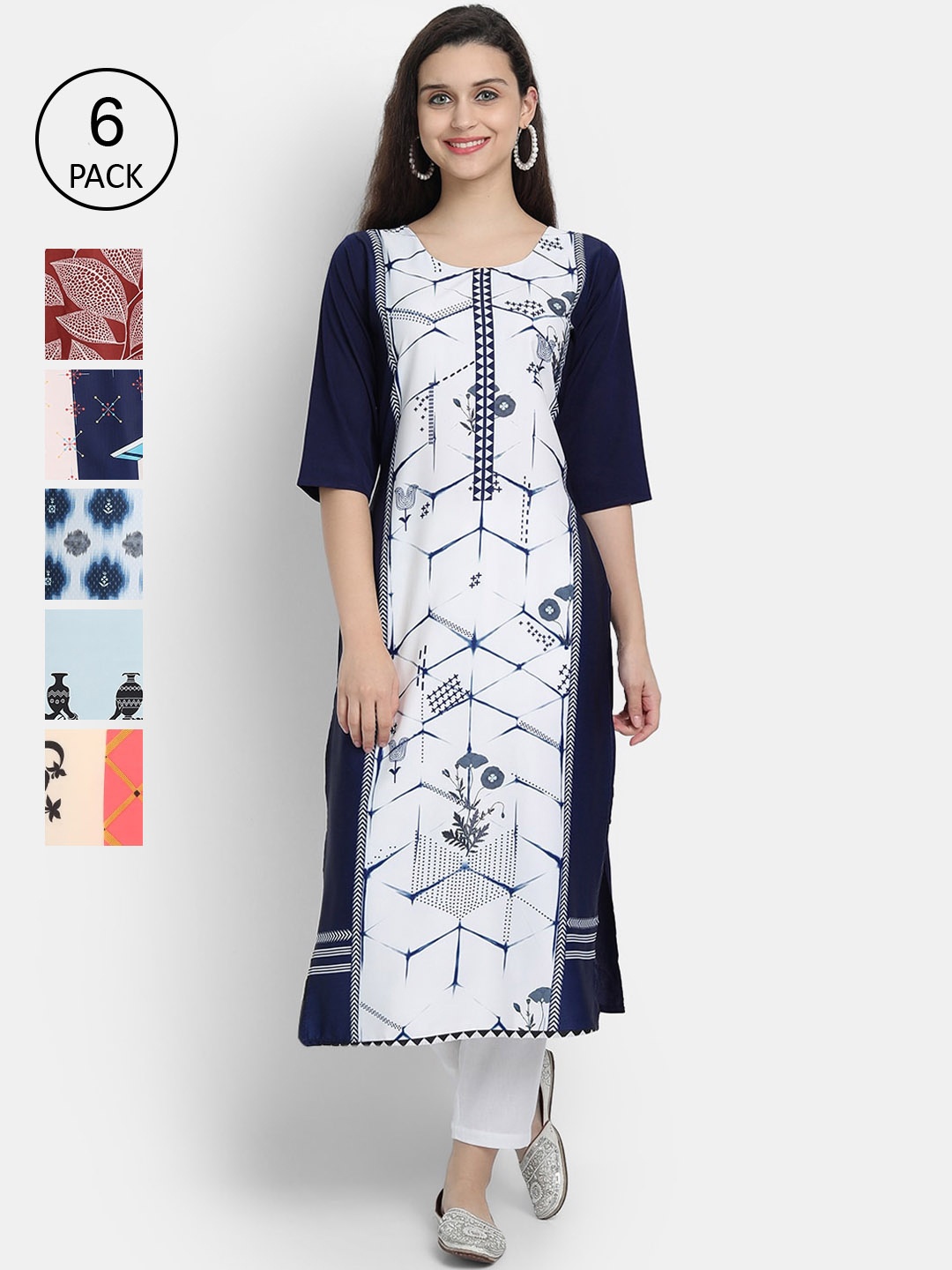 

1 Stop Fashion Women Pack Of 6 Multicoloured Digital Printed Crepe Kurta, Multi