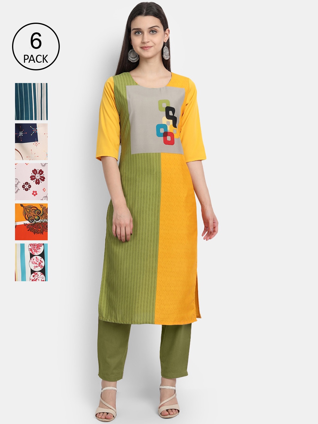 

1 Stop Fashion Women Pack Of 6 Printed Crepe Kurta, Yellow