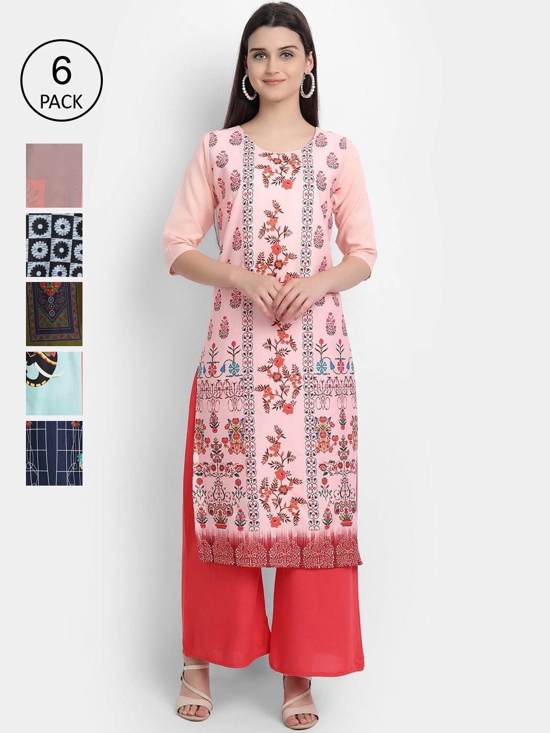 

1 Stop Fashion Women Pack of 6 Digital Printed Straight Kurtas, Pink