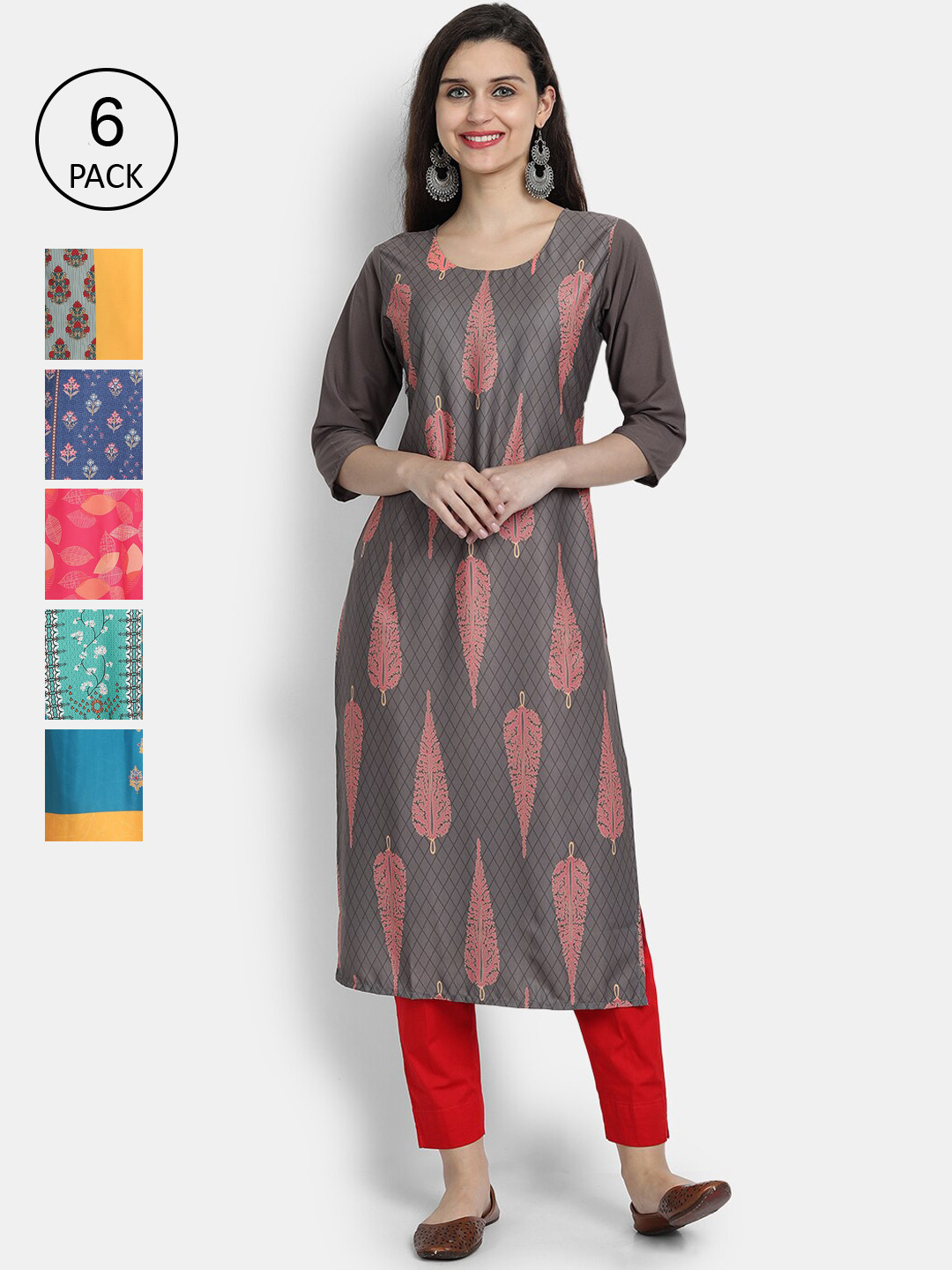 

1 Stop Fashion Women Pack of 6 Printed Kurtas, Taupe