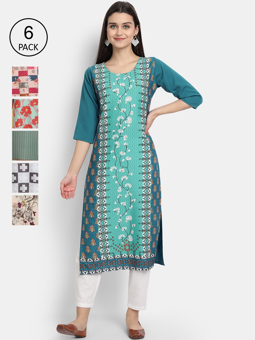 

1 Stop Fashion Women Set of 6 Printed Crepe Kurta, Multi