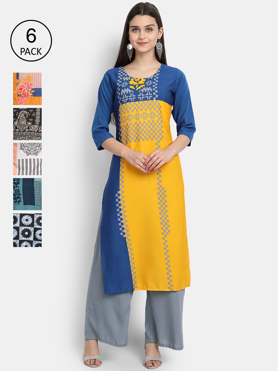 

1 Stop Fashion Women Pack Of 6 Multicoloured Geometric Printed Crepe Kurtas, Multi