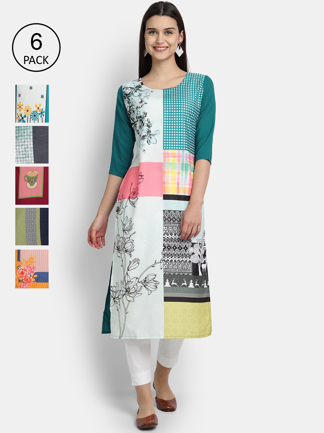

1 Stop Fashion Women Green & White Pack of 6 Printed Crepe Kurta