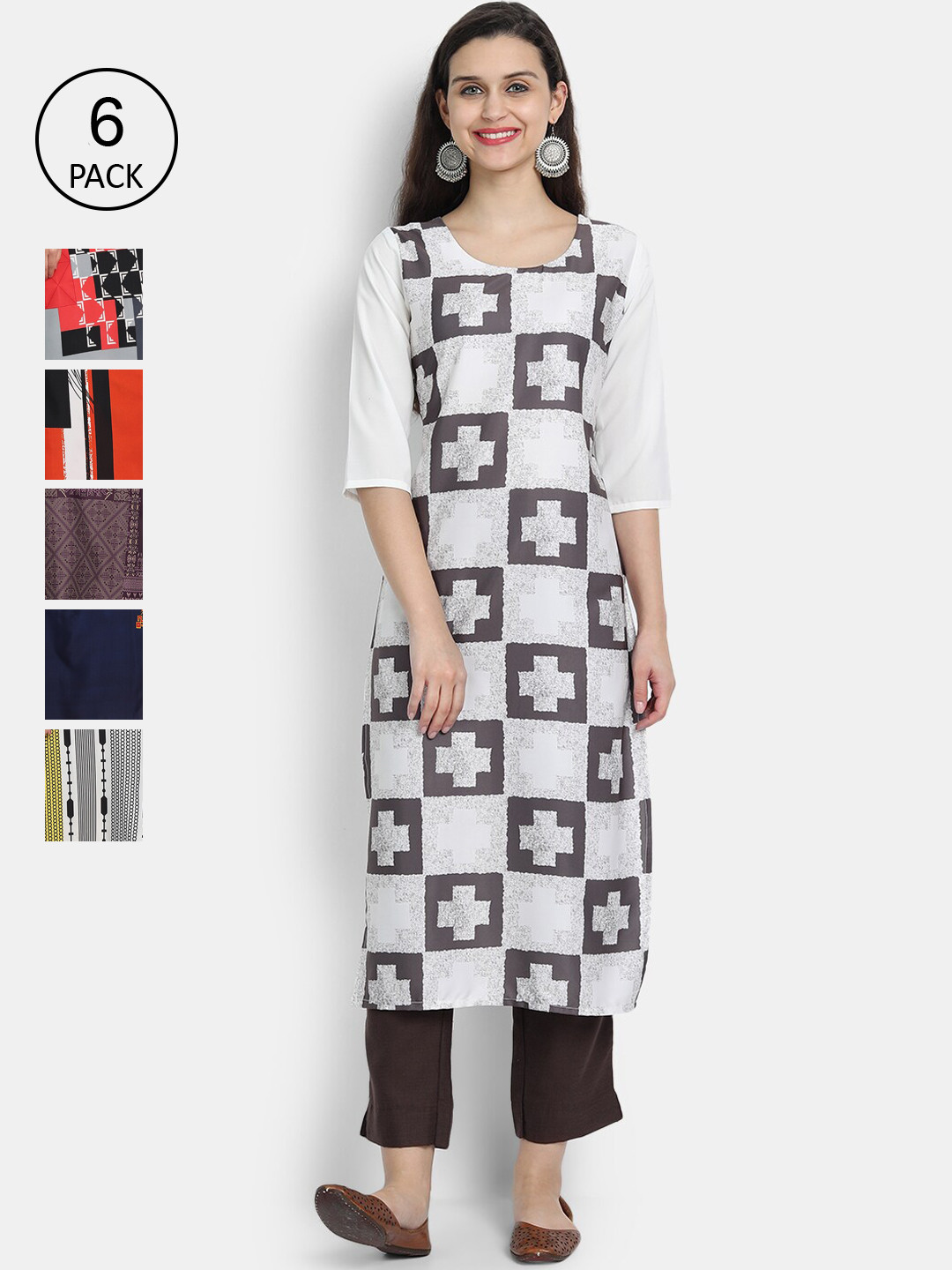 

1 Stop Fashion Women Grey & White Pack of 6 Printed Crepe Kurta