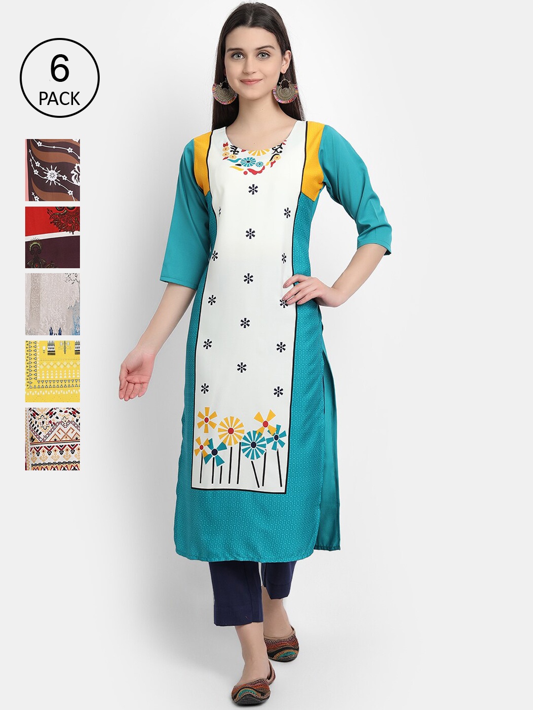 

1 Stop Fashion Women Pack of 6 Multicoloured Printed Crepe Straight Kurta, Multi