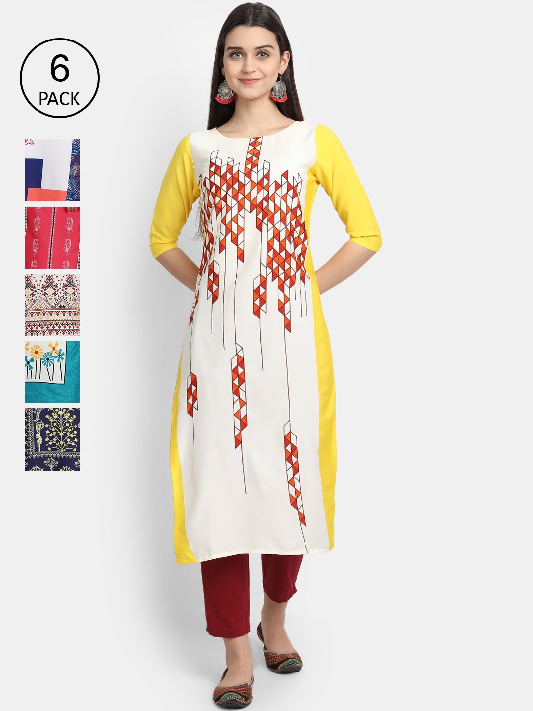 

1 Stop Fashion Women Pack Of 6 Multicoloured Digital Printed Crepe Kurta, Multi