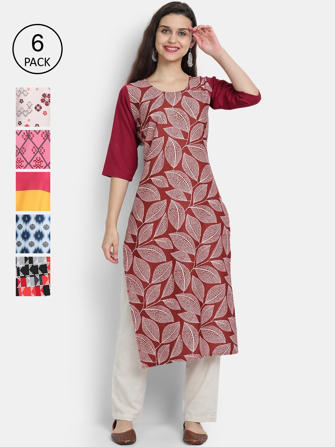 

1 Stop Fashion Women Pack Of 6 Multicoloured Digital Printed Crepe Kurta, Multi