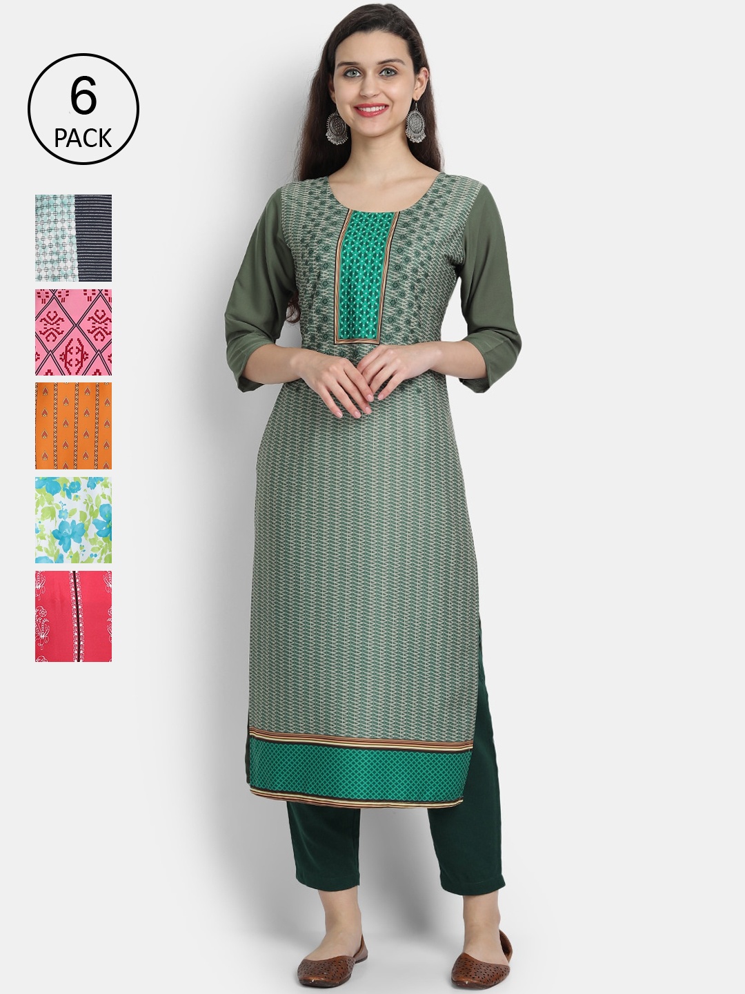 

1 Stop Fashion Women Pack Of 6 Multicoloured Digital Printed Crepe Kurta, Multi