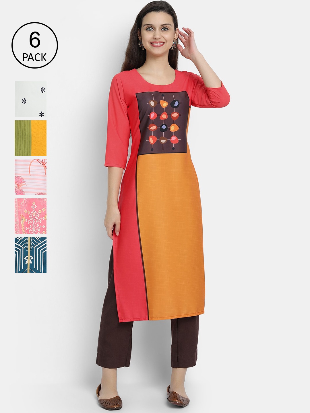 

1 Stop Fashion Women Pack Of 6 Multicoloured Digital Printed Crepe Kurta, Multi