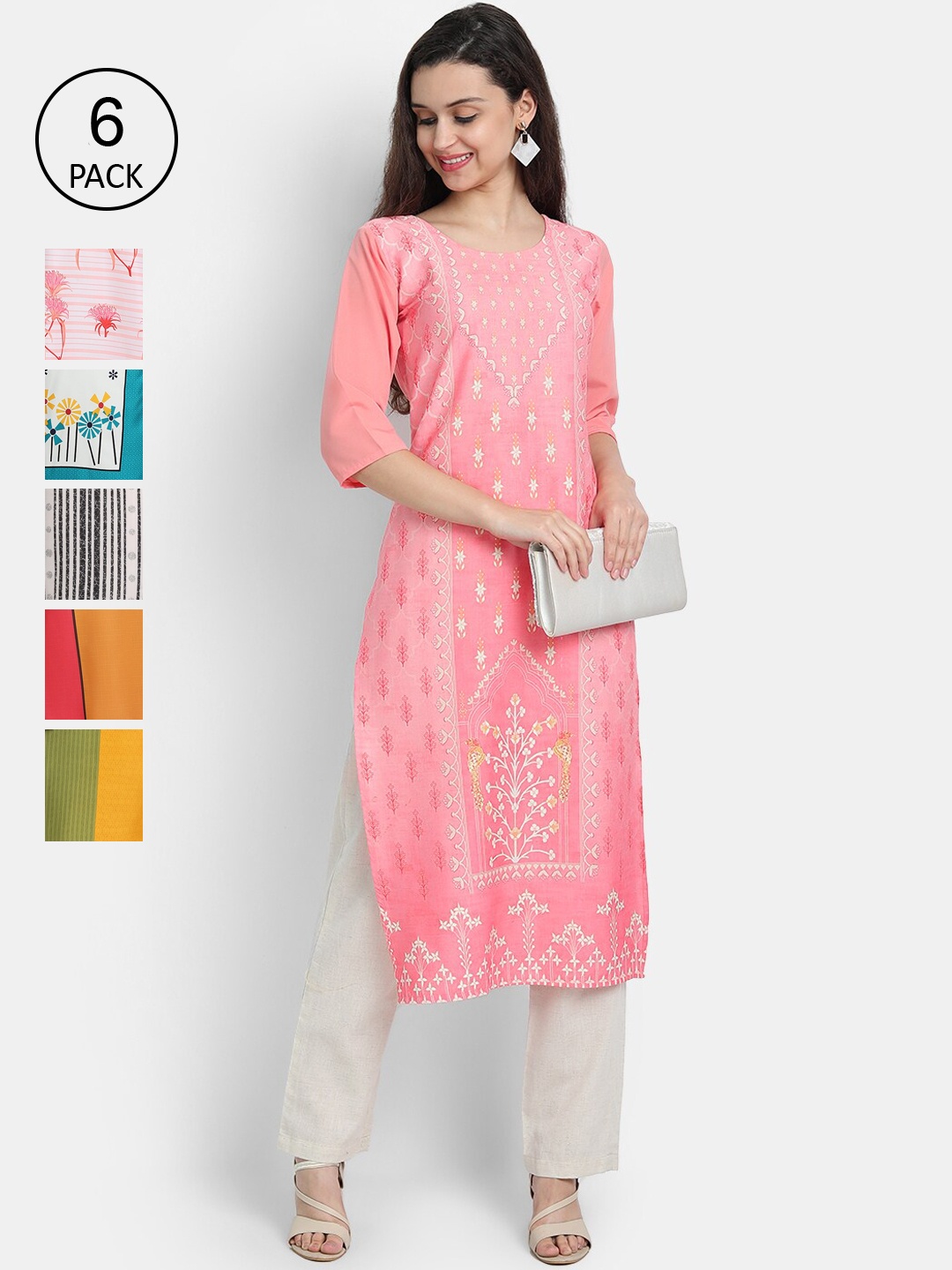 

1 Stop Fashion Women Pack Of 6 Multicoloured Digital Printed Crepe Kurta, Multi