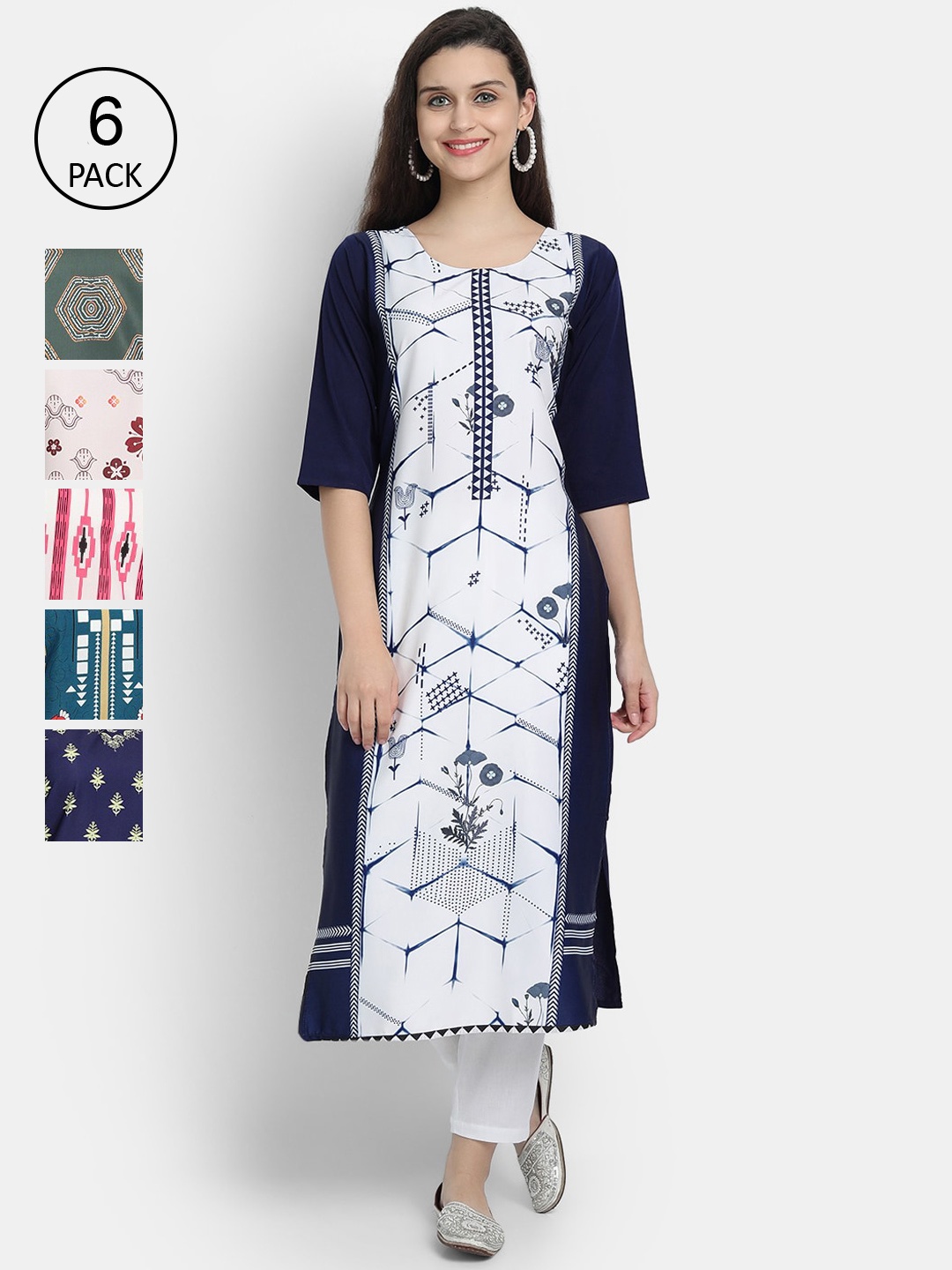 

1 Stop Fashion Women Pack Of 6 Multicoloured Digital Printed Crepe Kurta, Multi