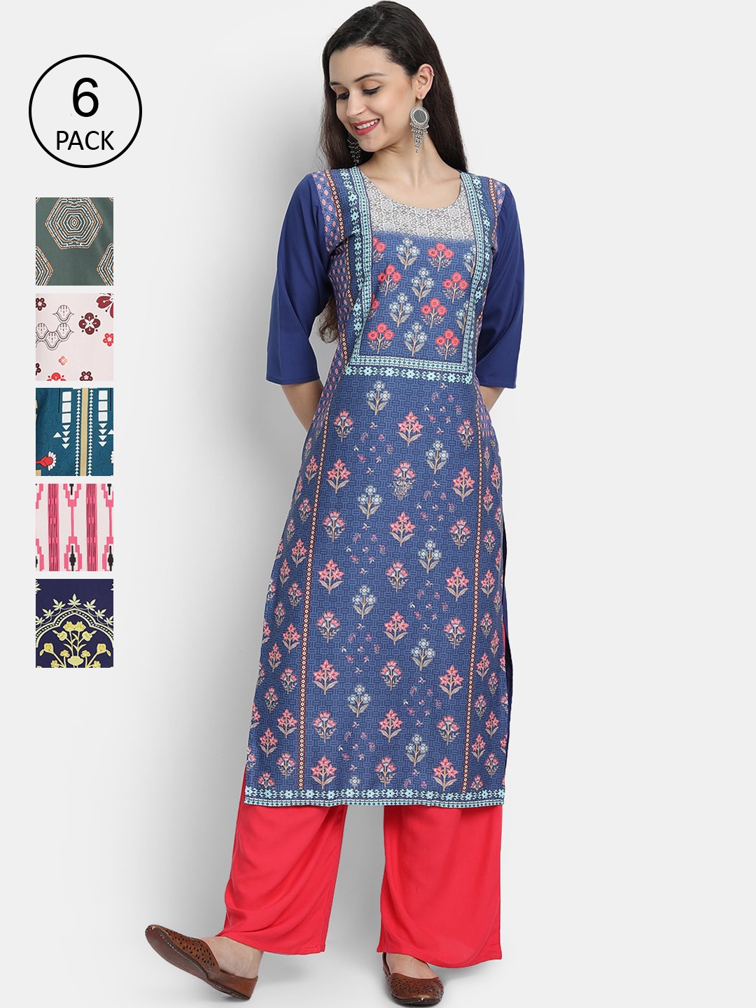 

1 Stop Fashion Women Pack of 6 Digital Printed Straight Kurtas, Blue