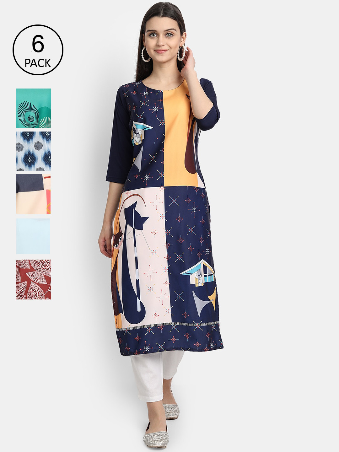 

1 Stop Fashion Women Pack Of 6 Multicoloured Digital Printed Crepe Kurta, Multi