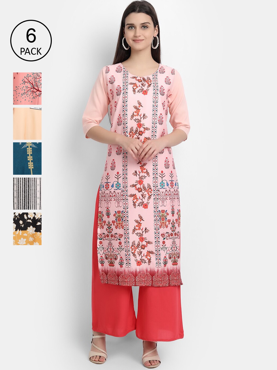 

1 Stop Fashion Women Pack of 6 Pink & Black Floral Printed Kurta
