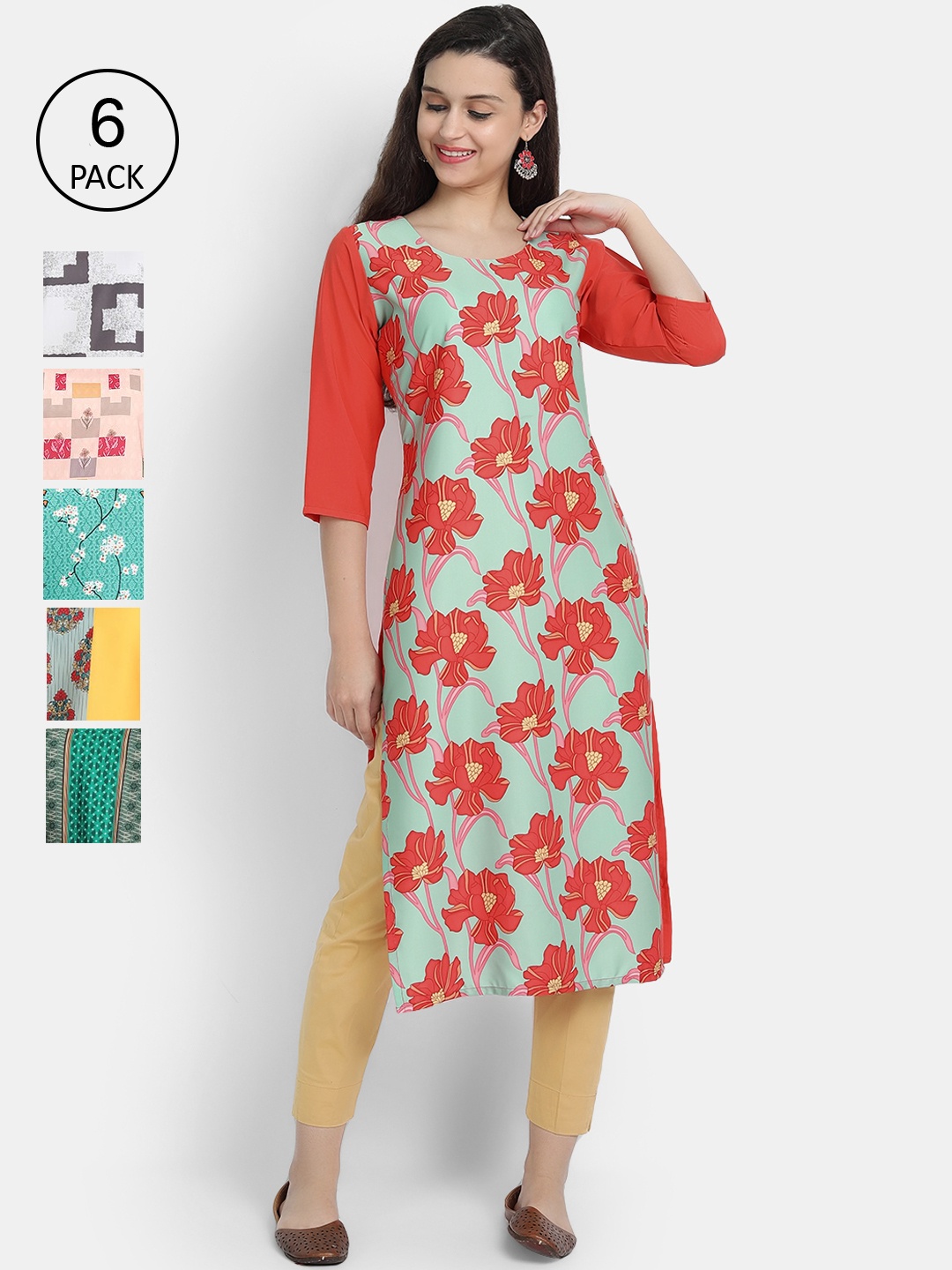 

1 Stop Fashion Women Pack Of 6 Printed Crepe Kurta, Green