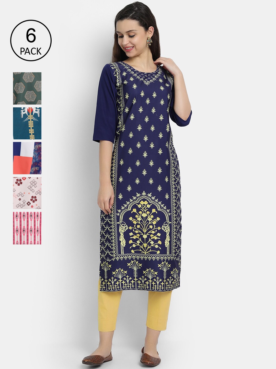 

1 Stop Fashion Women Navy Blue & White Pack of 6 Printed Crepe Kurta