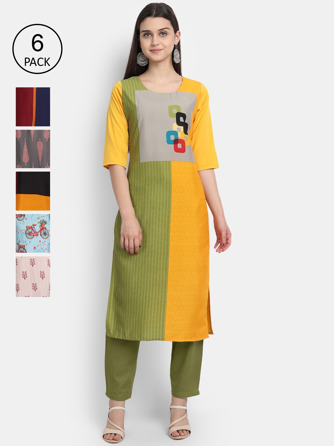 

1 Stop Fashion Pack of 6 Women Printed Crepe Kurta, Multi