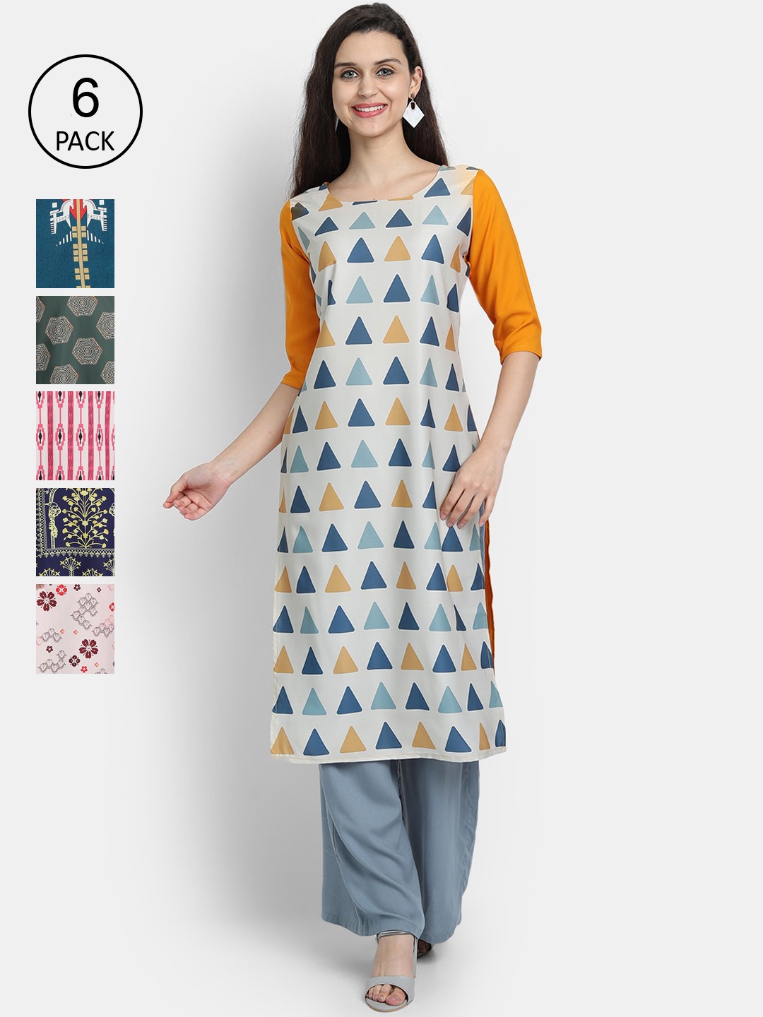 

1 Stop Fashion Women Pack Of 6 Digital Printed Crepe Kurta, Blue
