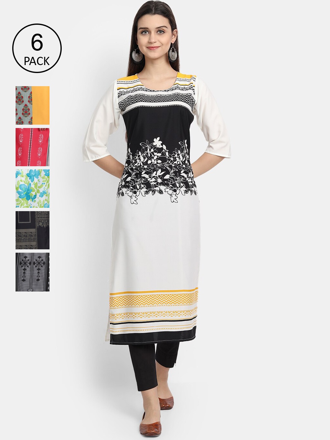 

1 Stop Fashion Women Pack Of 6 Multicoloured Geometric Printed Crepe Kurtas, Multi