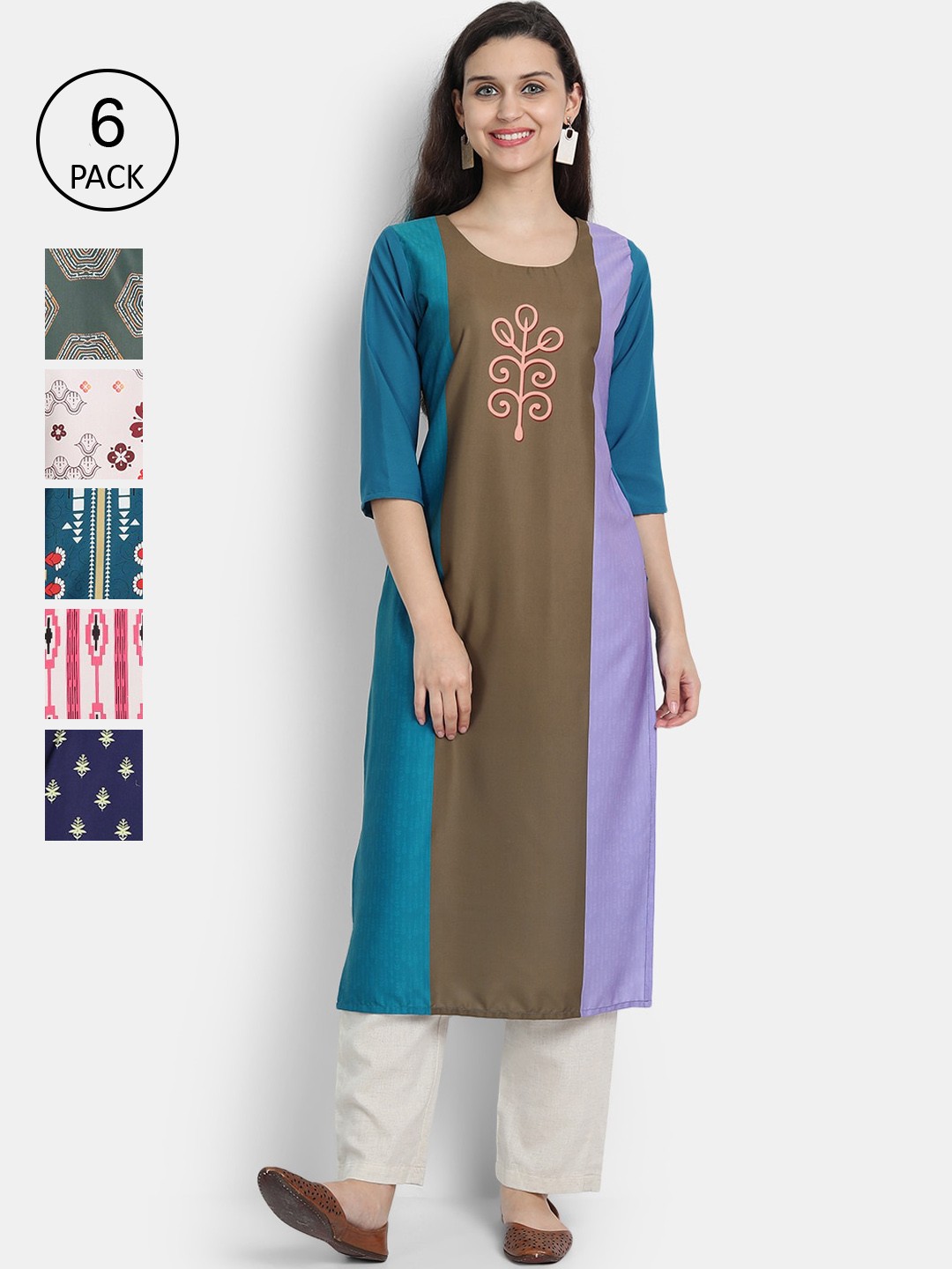 

1 Stop Fashion Women Pack Of 6 Printed Crepe Kurta, Blue