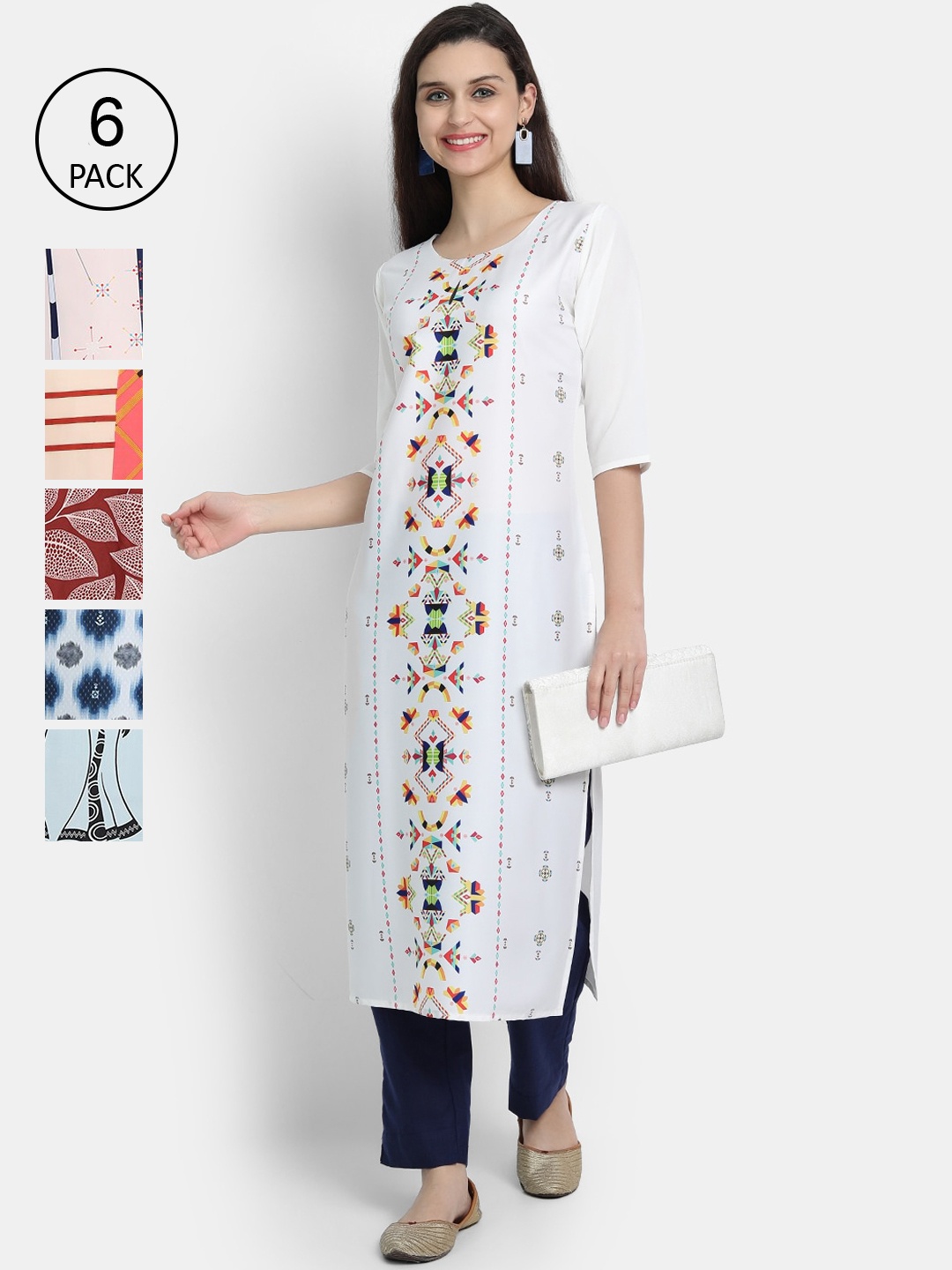 

1 Stop Fashion Women White & Blue Pack Of 6 Printed Kurta