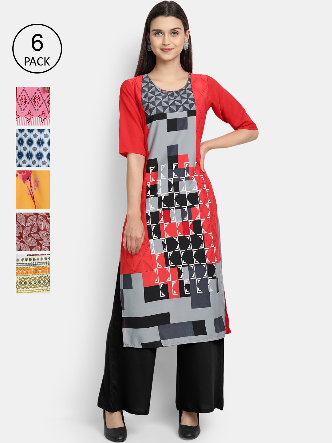 

1 Stop Fashion Women Set of 6 Printed Crepe Kurta, Multi