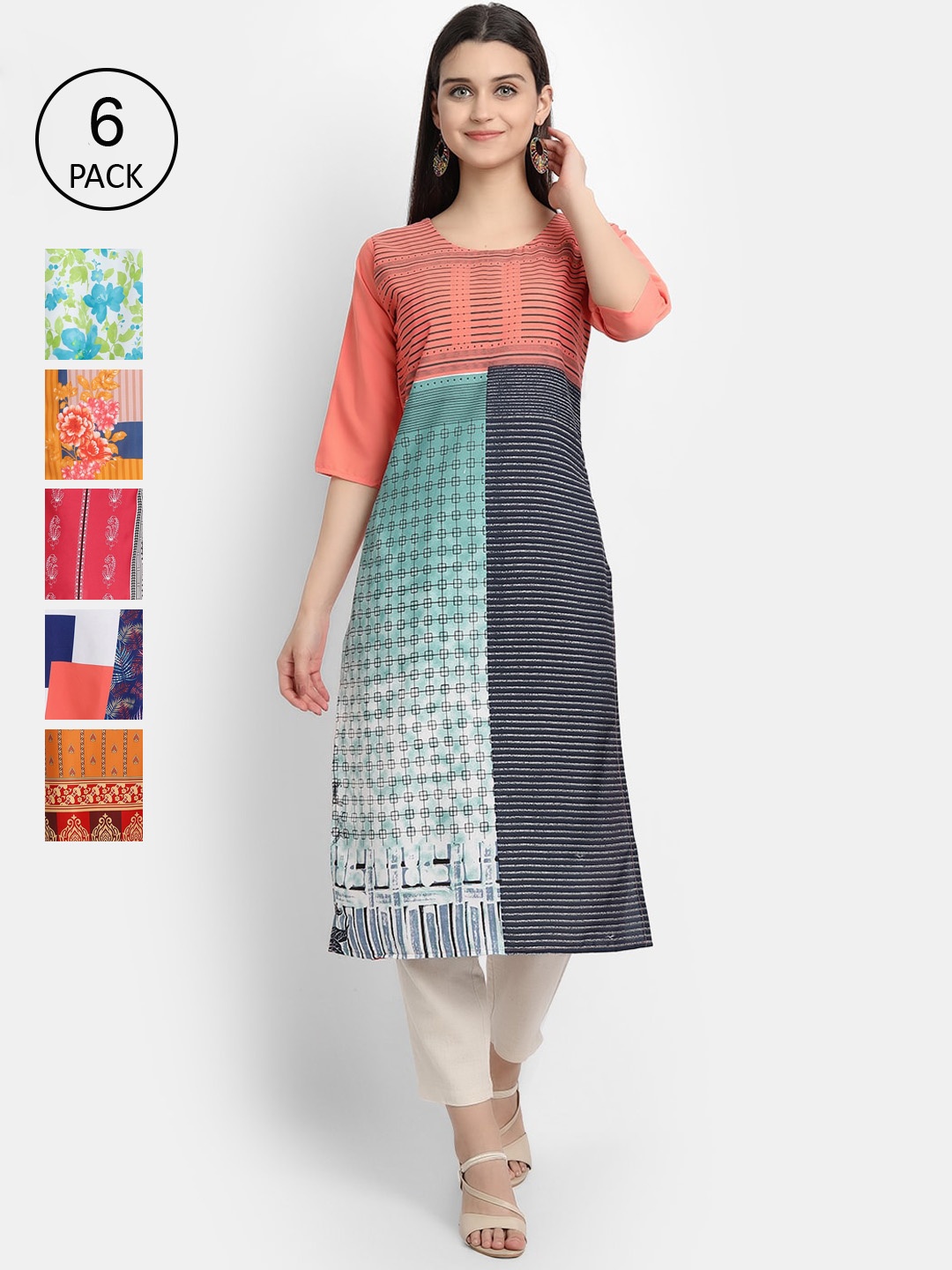 

1 Stop Fashion Women Pack Of 6 Multicoloured Digital Printed Crepe Kurta, Multi