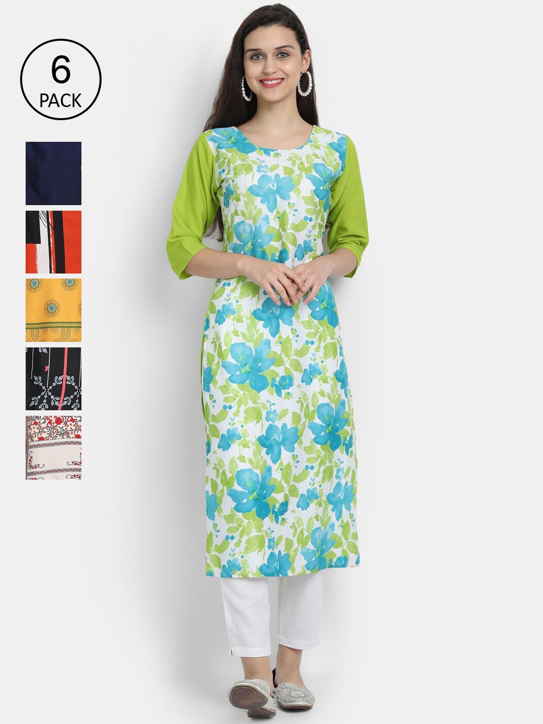 

1 Stop Fashion Women Pack of 6 Printed Kurtas, Green
