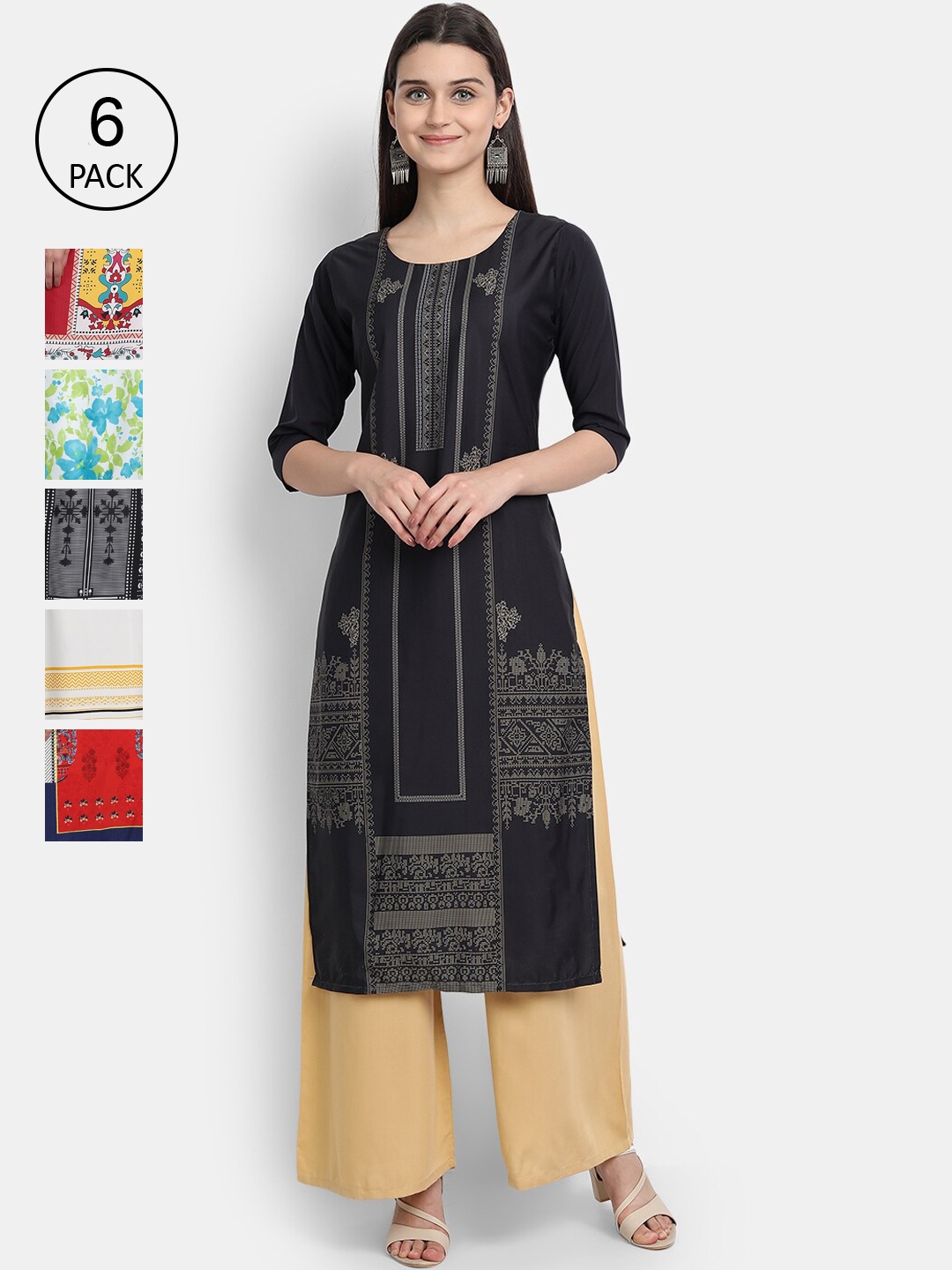 

1 Stop Fashion Women Green & Blue Pack of 6 Printed Crepe Kurta