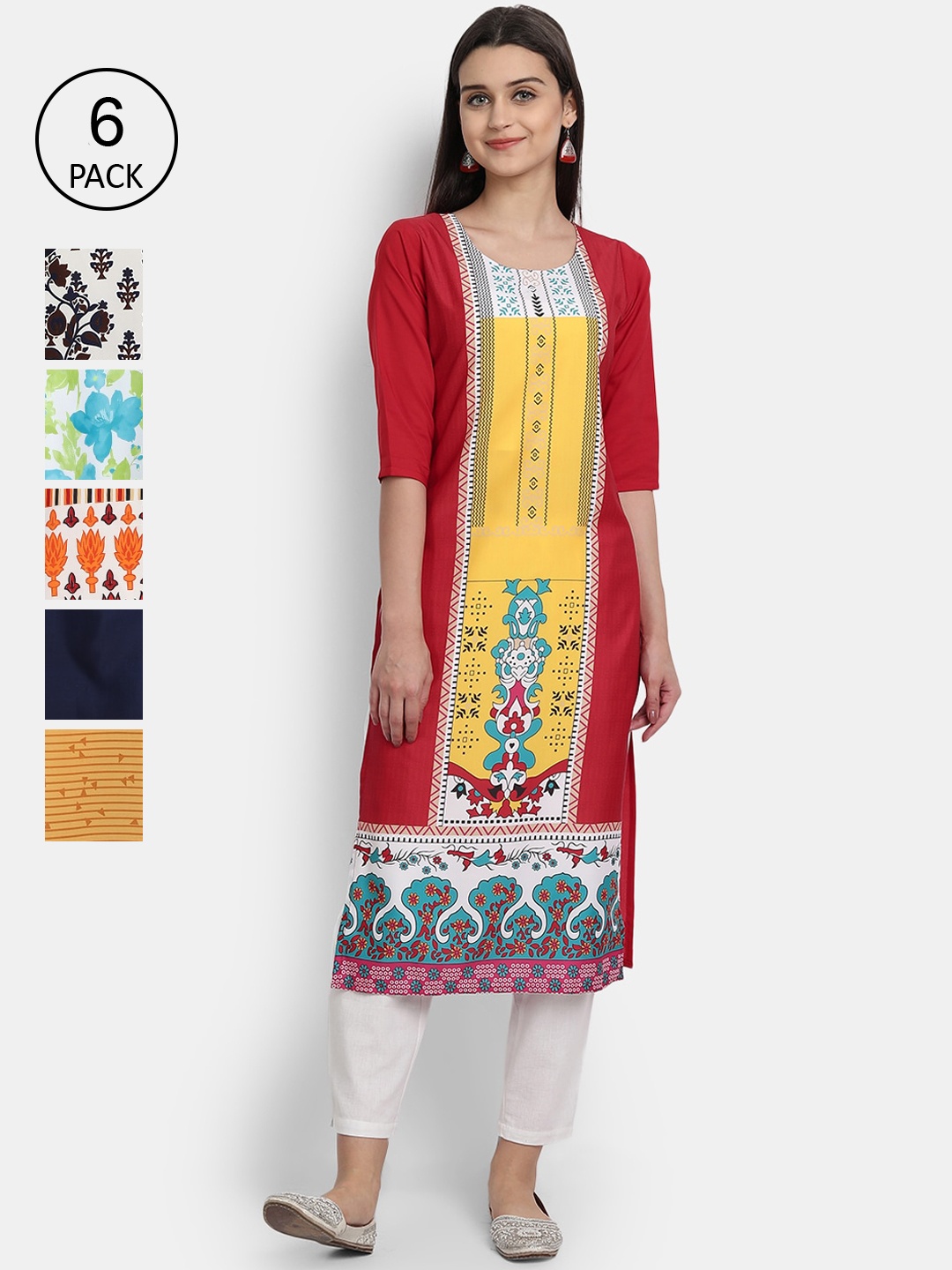 

1 Stop Fashion Women Set of 6 Printed Crepe Kurta, Multi