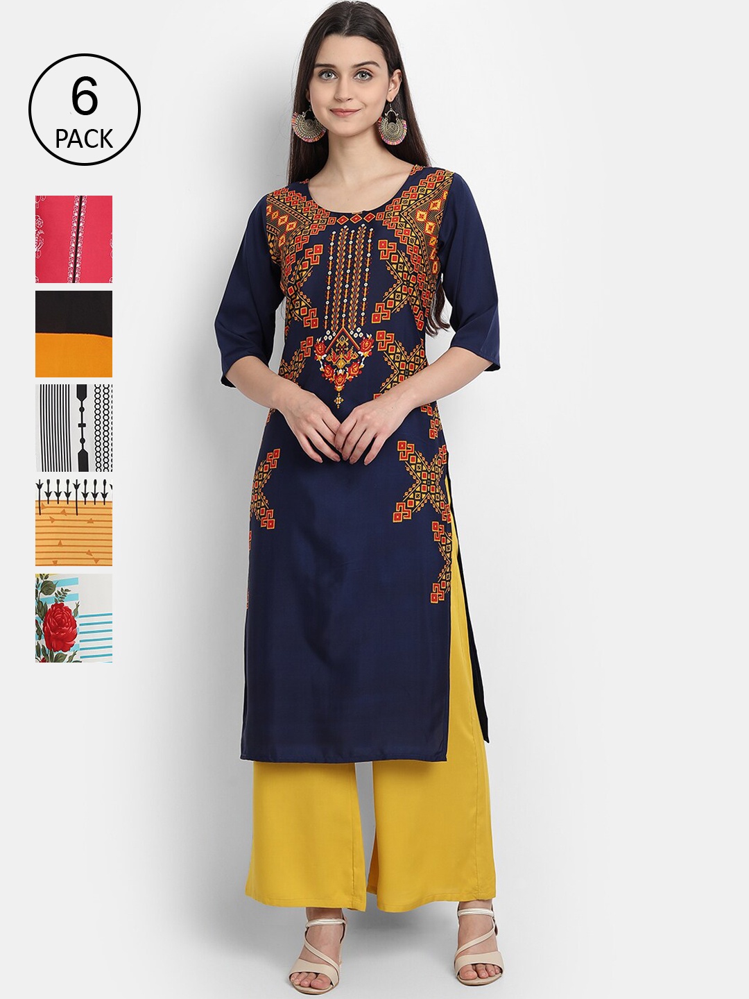 

1 Stop Fashion Women Black & Yellow Pack of 6 Printed Crepe Kurta