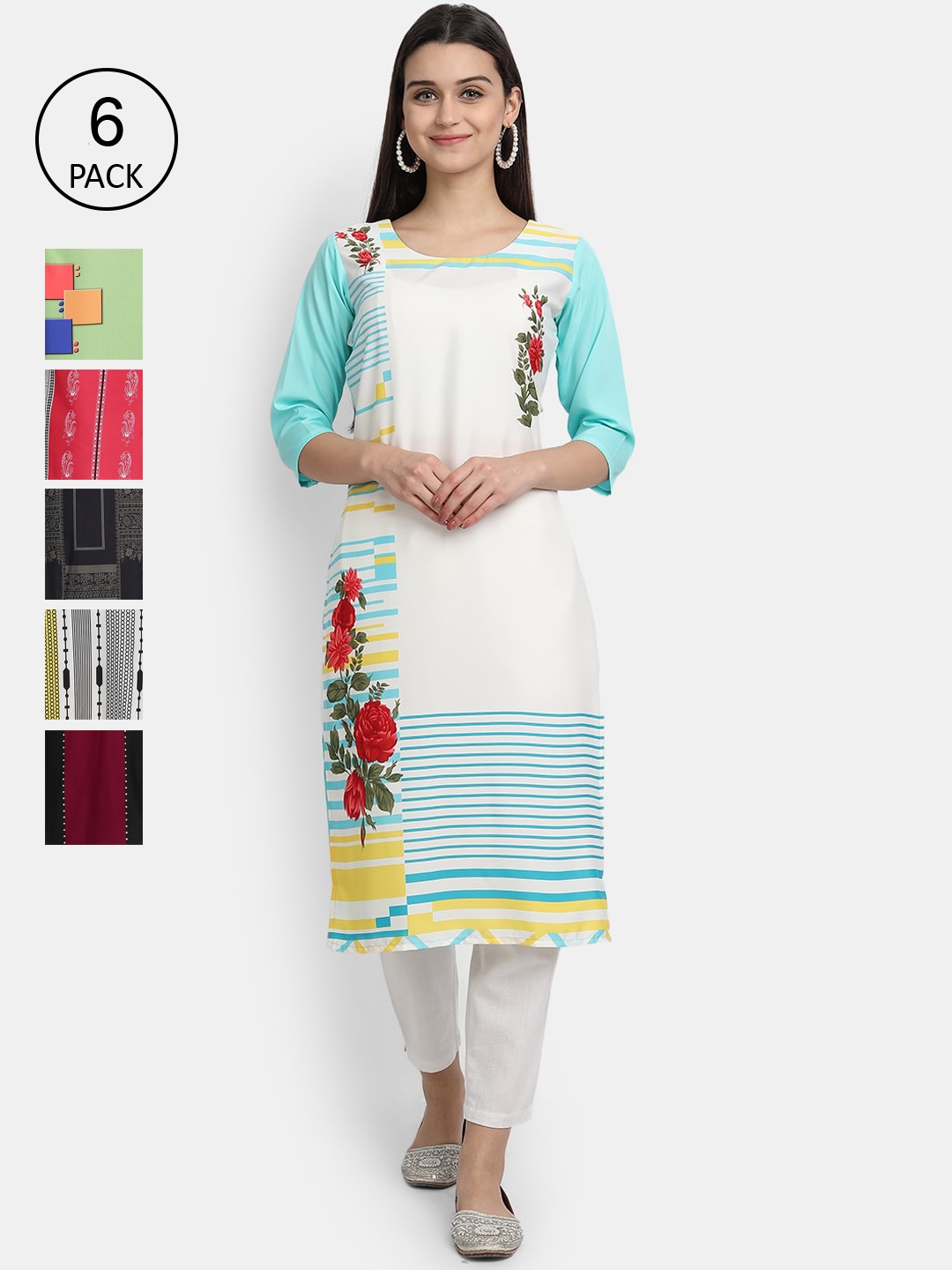 

1 Stop Fashion Pack of 6 Women Printed Crepe Kurta, Multi