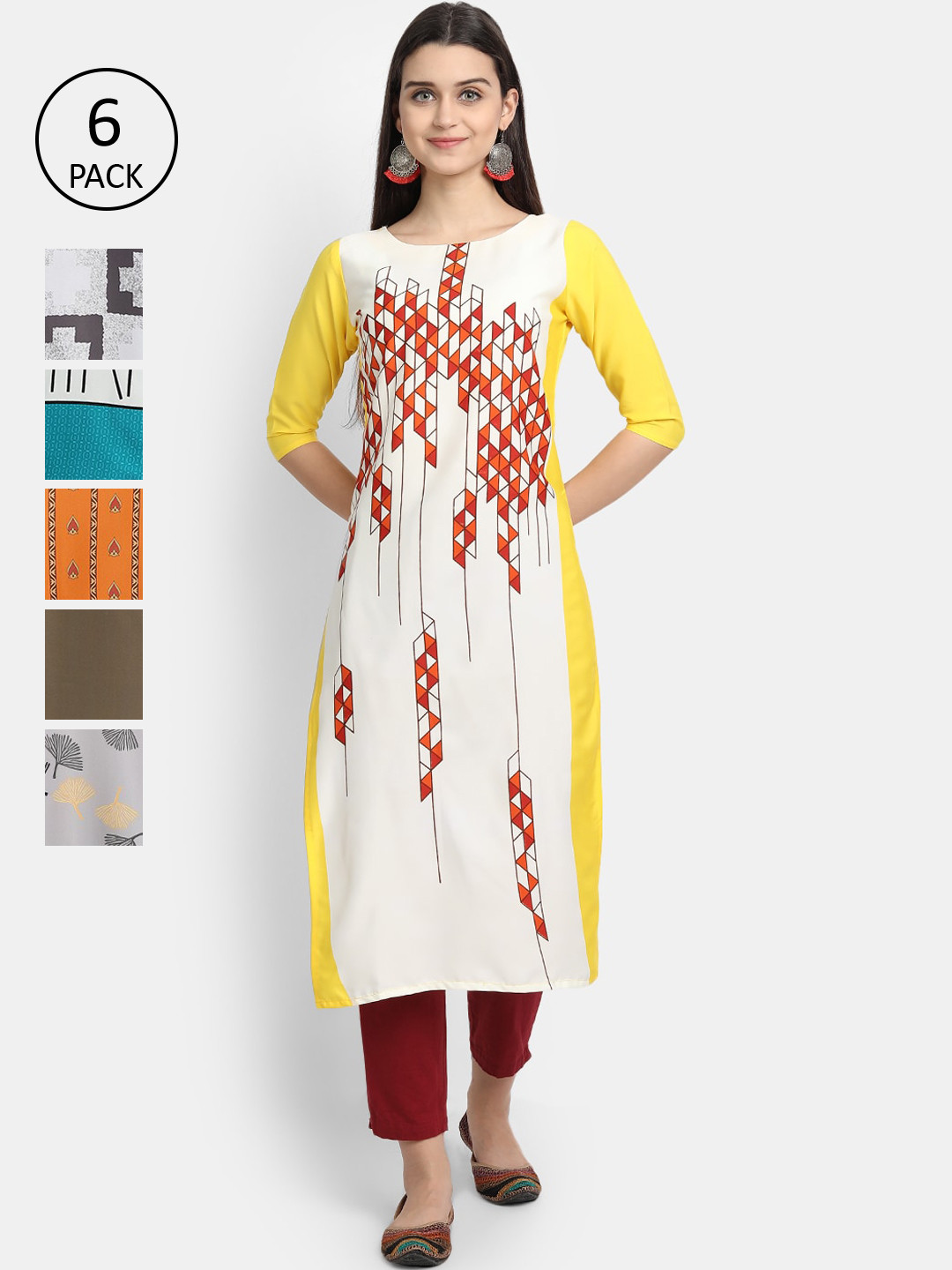 

1 Stop Fashion Pack of 6 Women Printed Crepe Kurta, Multi
