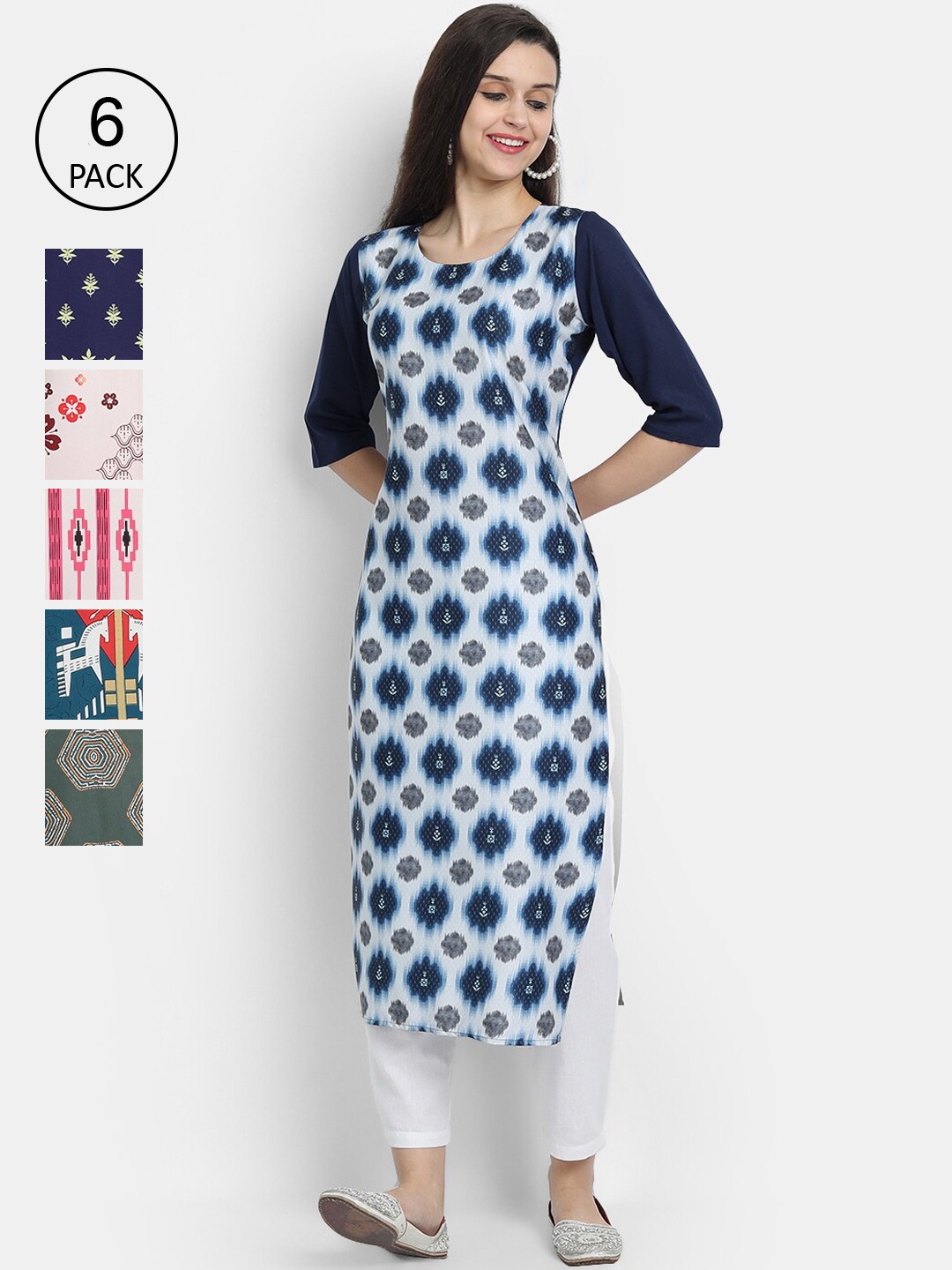 

1 Stop Fashion Women Pack Of 6 Digital Printed Crepe Kurta, Blue