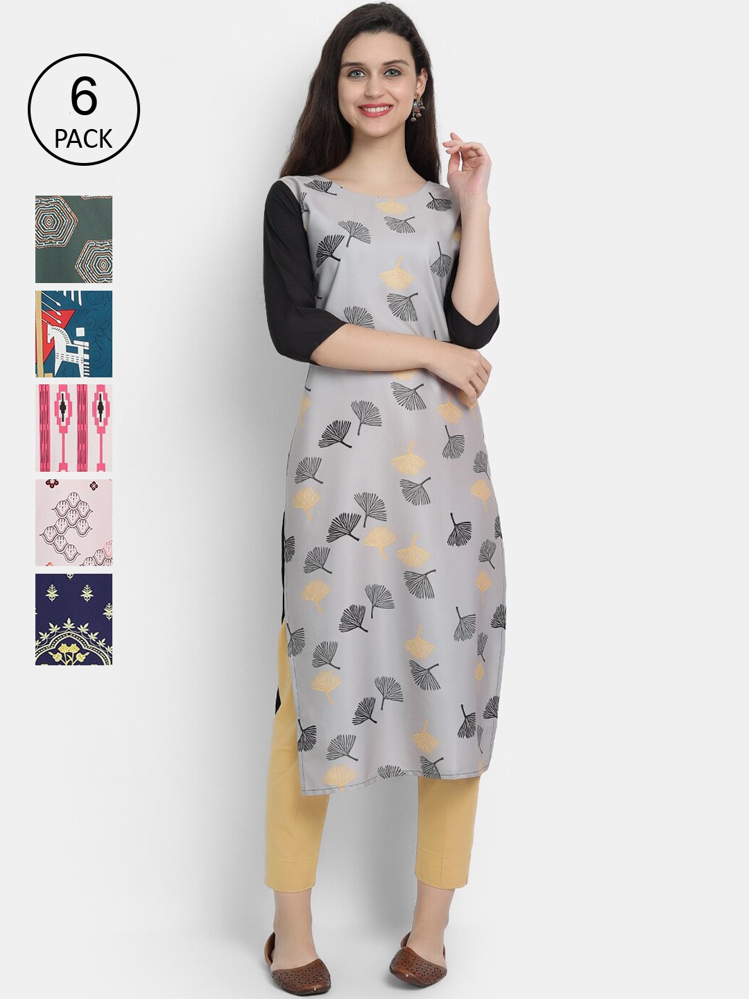 

1 Stop Fashion Women Pack Of 6 Multicoloured Geometric Printed Crepe Kurtas, Multi