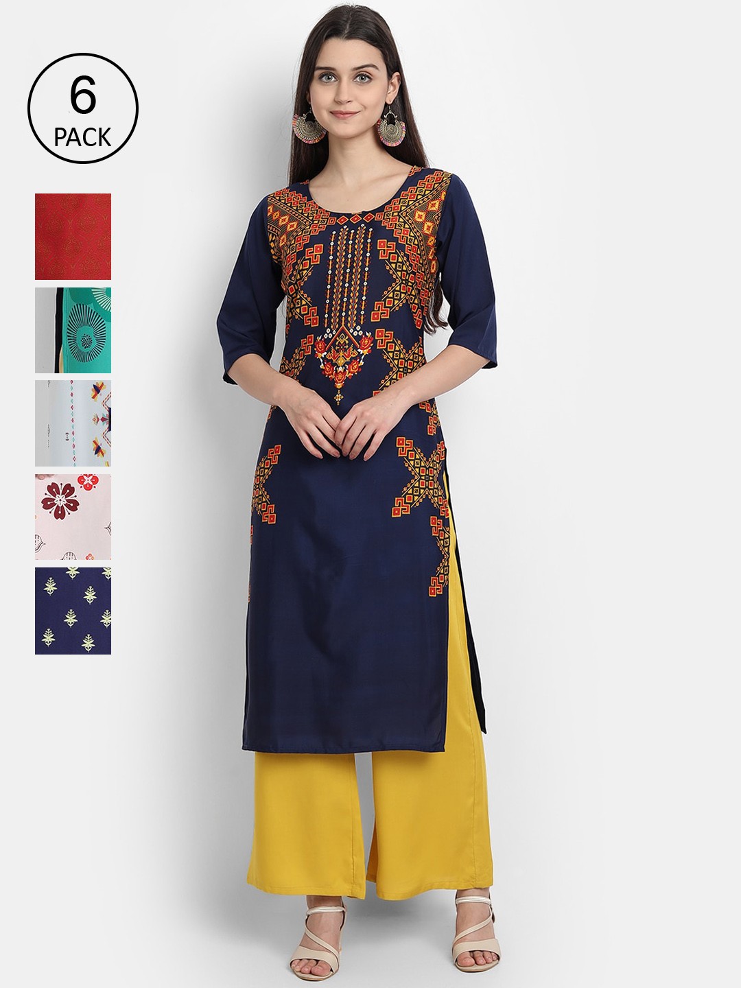 

1 Stop Fashion Women Pack Of 6 Printed Crepe Kurta, Blue