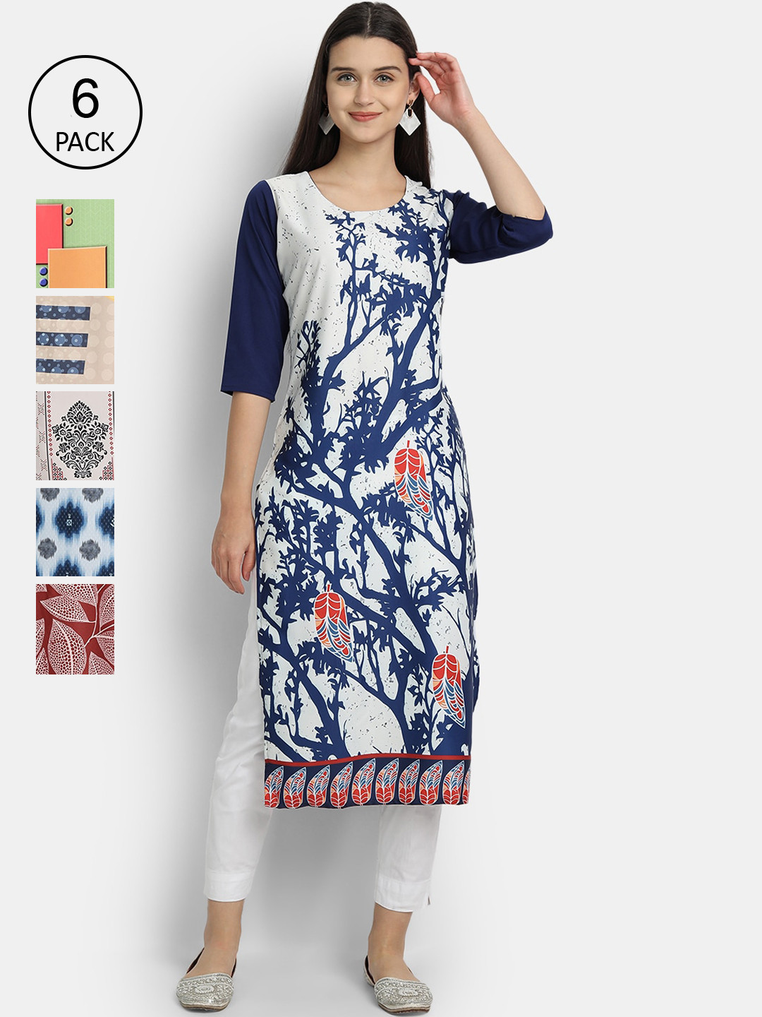 

1 Stop Fashion Women Pack Of 6 Multicoloured Digital Printed Crepe Kurta, Multi