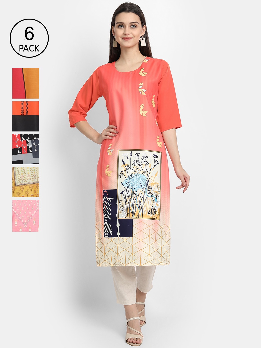 

1 Stop Fashion Women Pack Of 6 Multicoloured Digital Printed Crepe Kurta, Multi