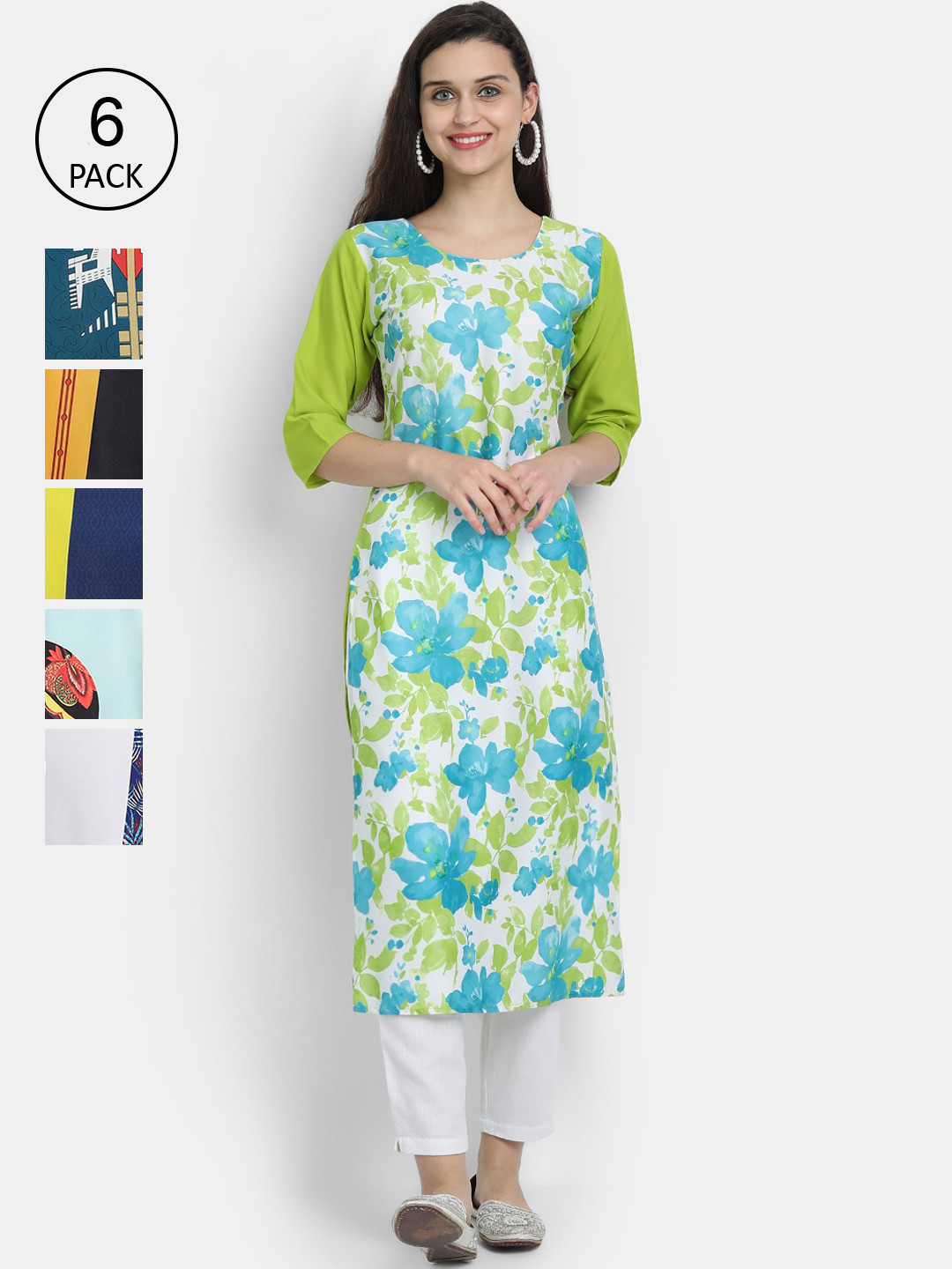

1 Stop Fashion Women Pack of 6 Digital Printed Straight Kurtas, Green