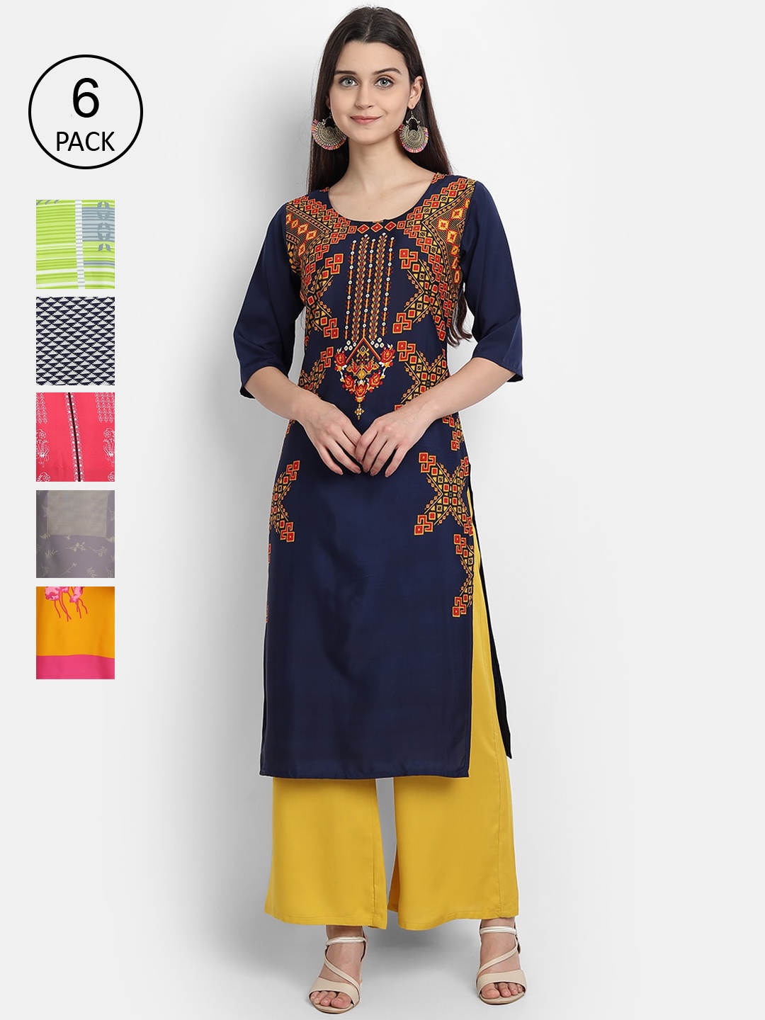 

1 Stop Fashion Women Pack Of 6 Floral Printed Kurta, Navy blue
