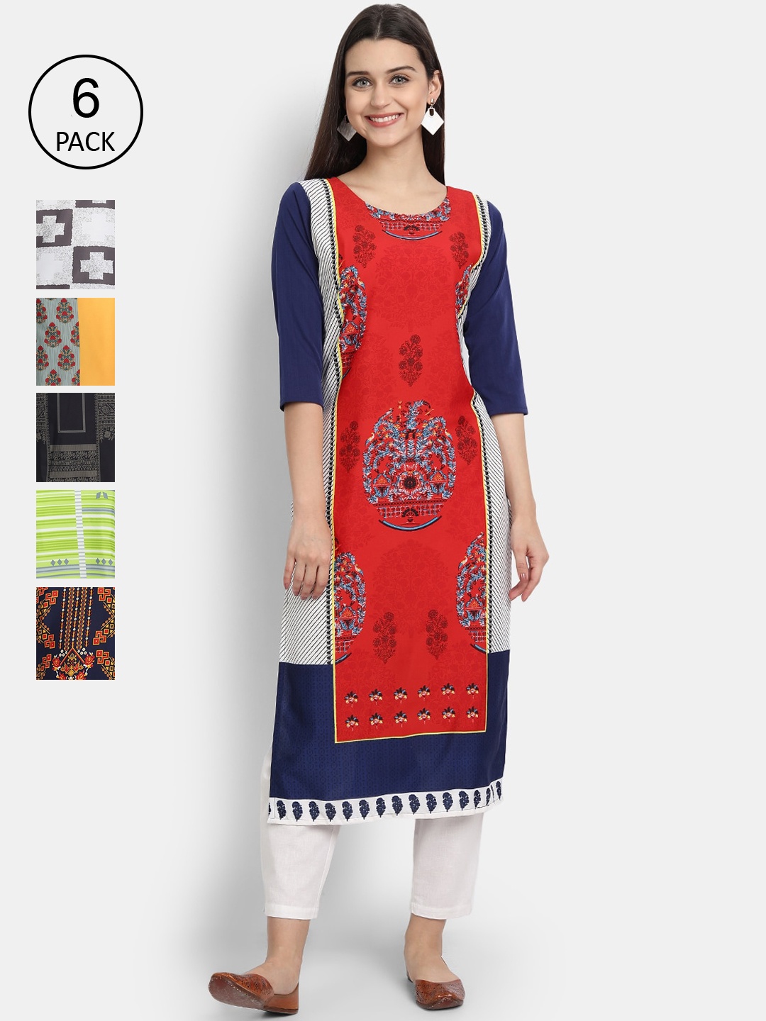 

1 Stop Fashion Women Pack of 6 Digital Printed Straight Kurtas, Red