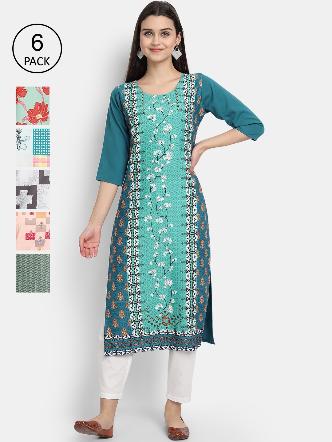 

1 Stop Fashion Women Pack Of 6 Multicoloured Digital Printed Crepe Kurta, Multi